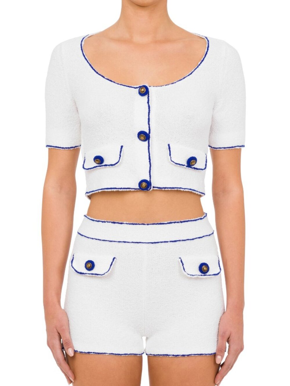 NWT Moschino terrycloth Knitted Short Sleeves Jacket in White with Navy Trim